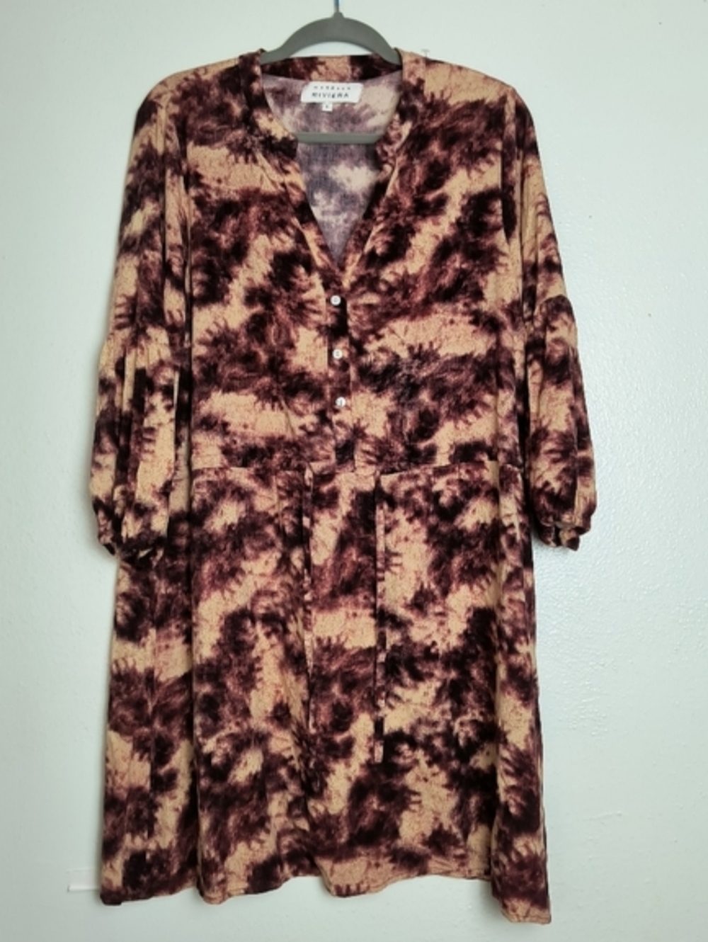 Margaux Riviera Tie Waist Loose Dress Size L Abstract Tie Dye Print Brown Casual